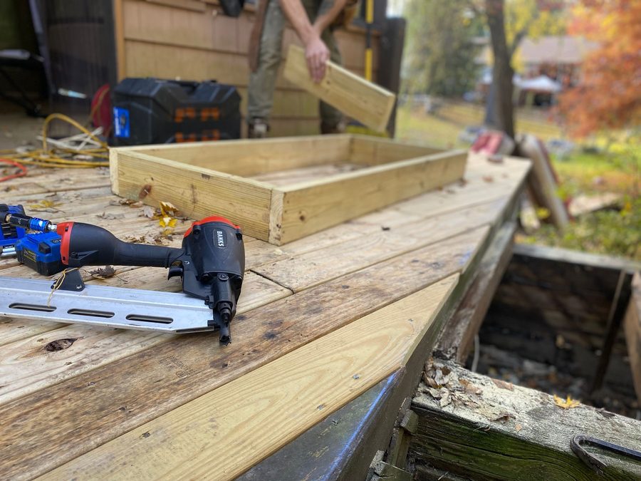 Framing repair in progress with power tools on site